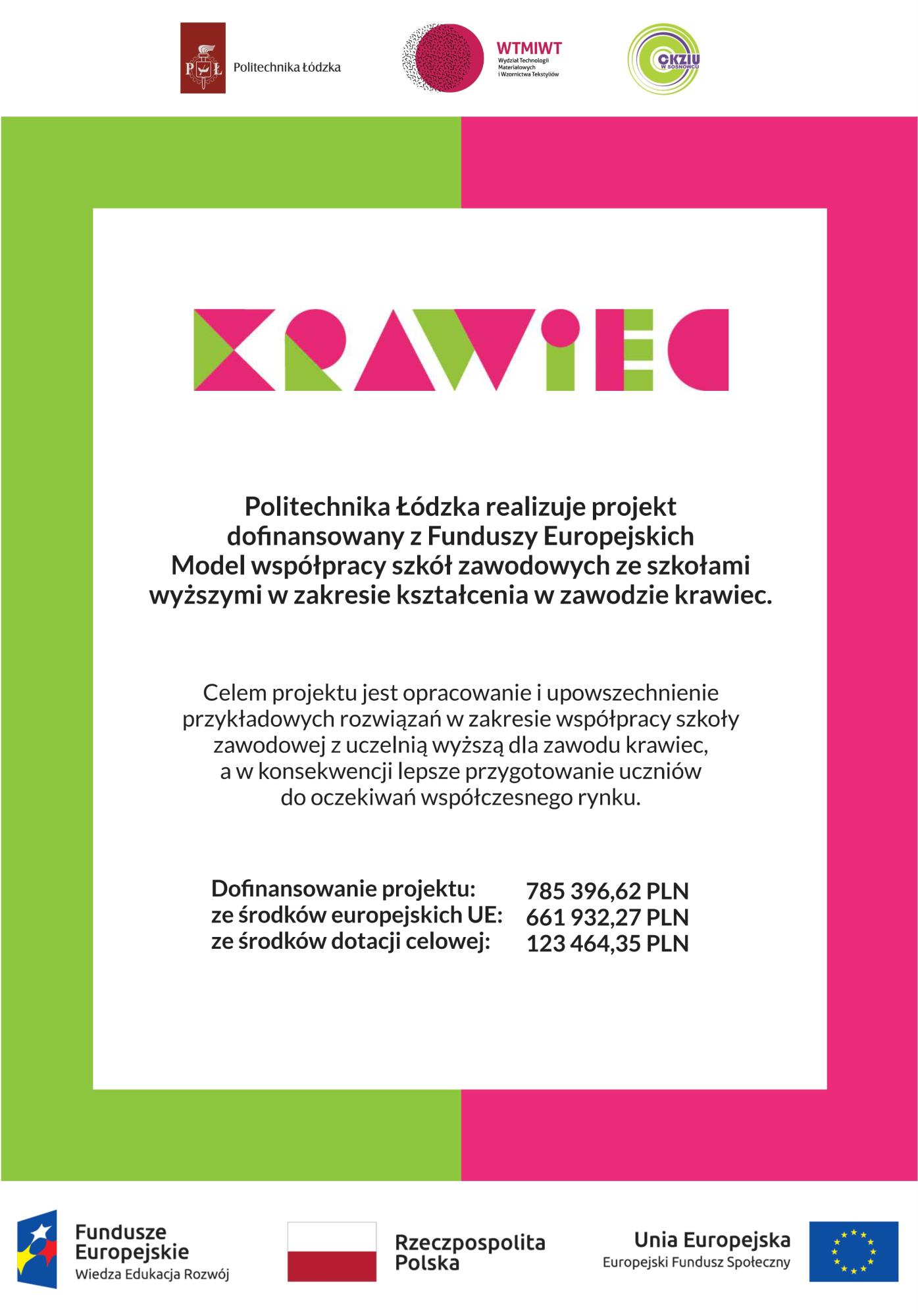 Plakat projektu KRAWIEC - informacja o dofinansowaniu z funduszu unijnego